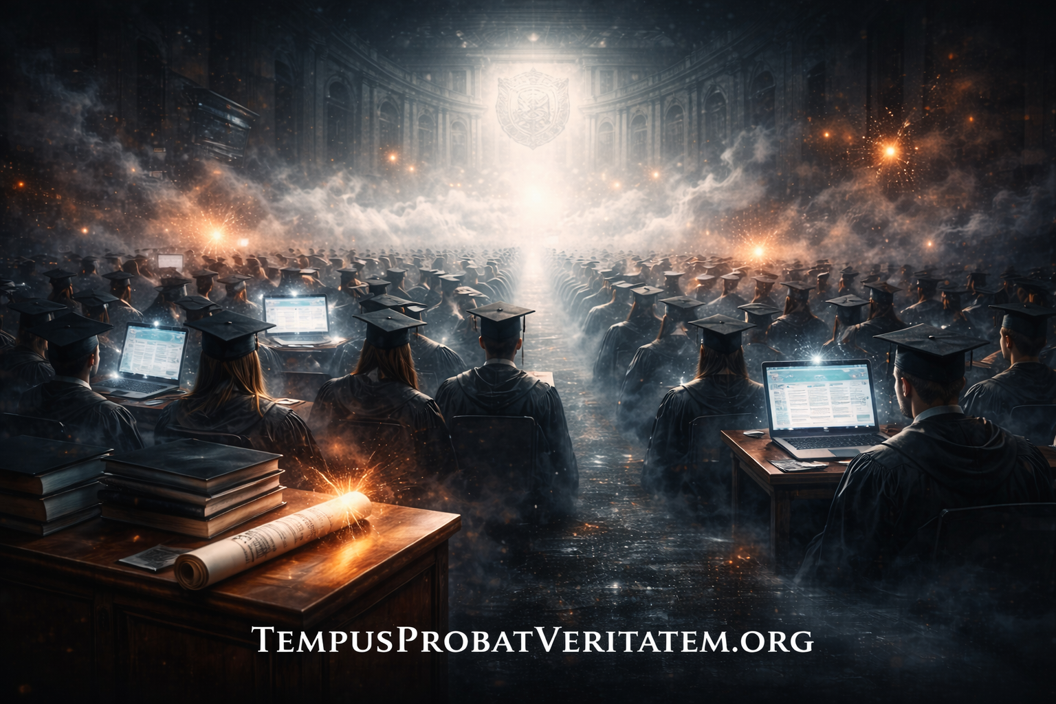 Graduates with laptops at ceremony symbolizing labor market price discovery collapse when AI assistance makes competence unobservable and performance signals equalize across all capability levels