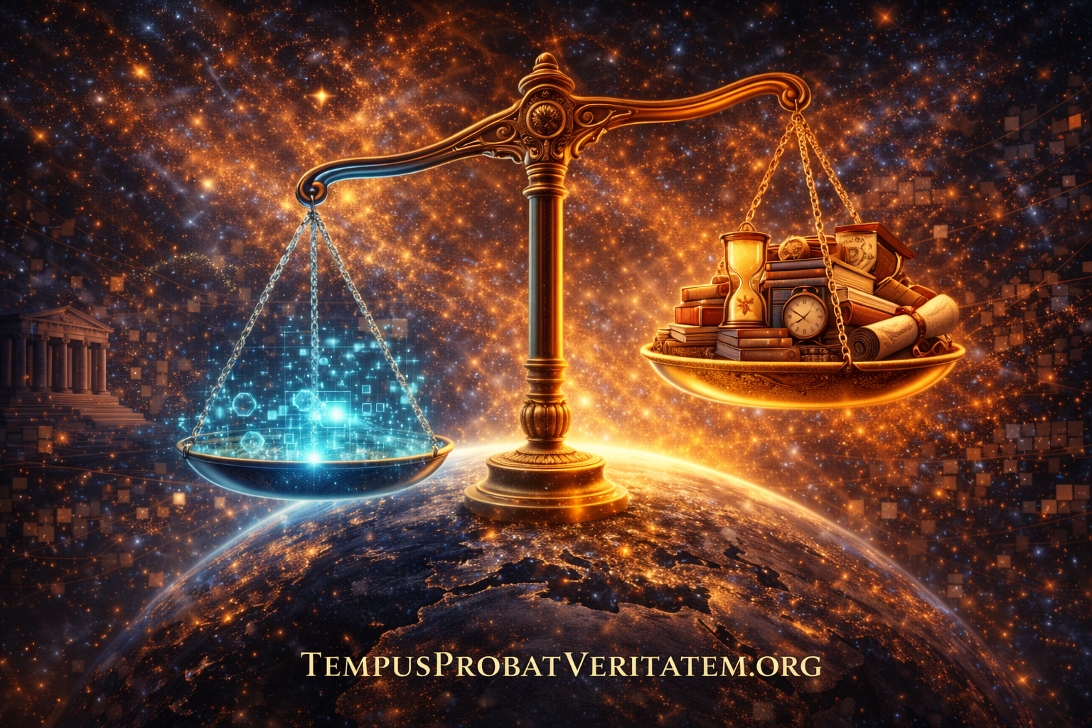 Inverted golden scales showing empty holographic simulation defeating heavy books and achievements, visualizing market selection against authenticity