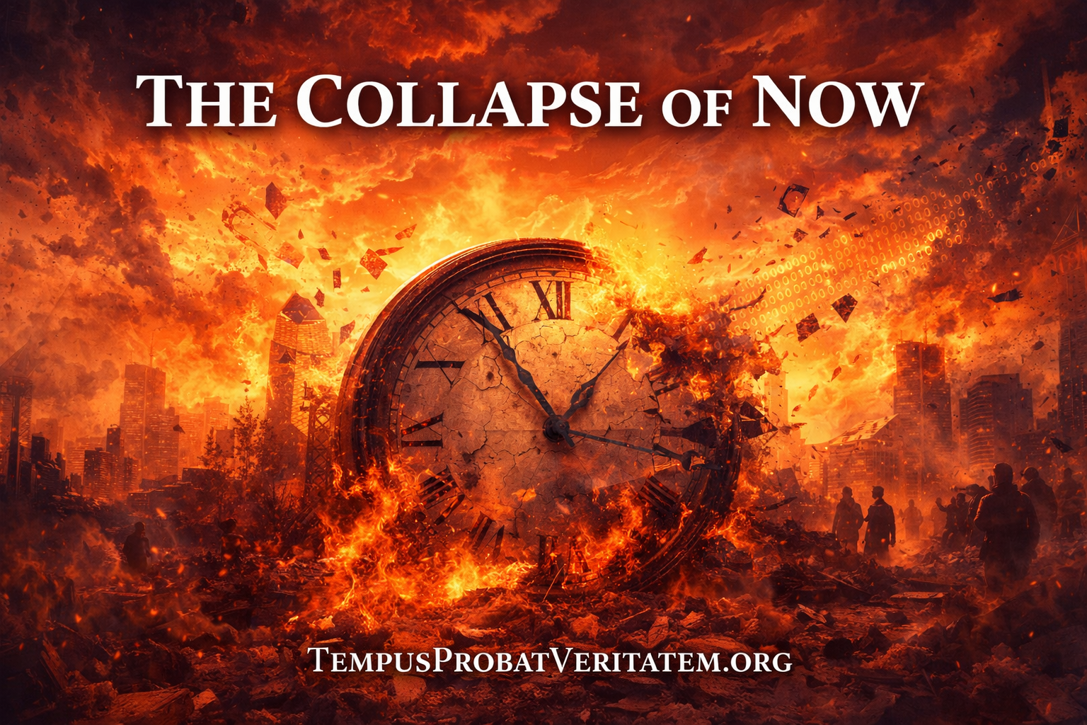 Exploding clock symbolizing collapse of present-moment verification when AI made instantaneous signals perfectly fakeable, leaving time as civilization's last reliable verifier