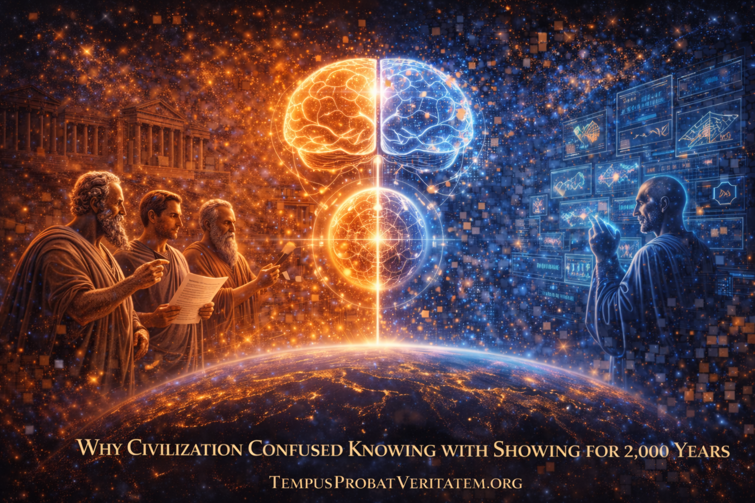 Ancient philosophers with scrolls face modern thinker with digital displays across split brain, showing 2000 years epistemological constraint from Plato to AI age
