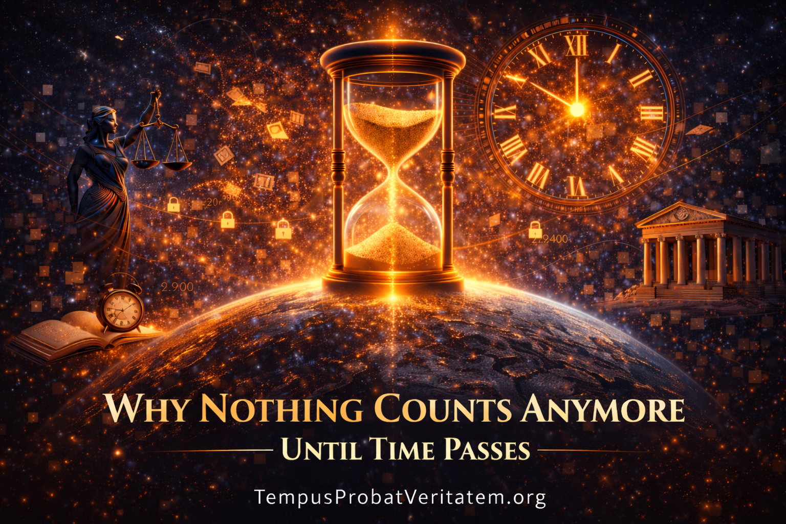 Golden hourglass and clock above Earth showing temporal verification as only remaining method when immediate signals fail to predict persistence