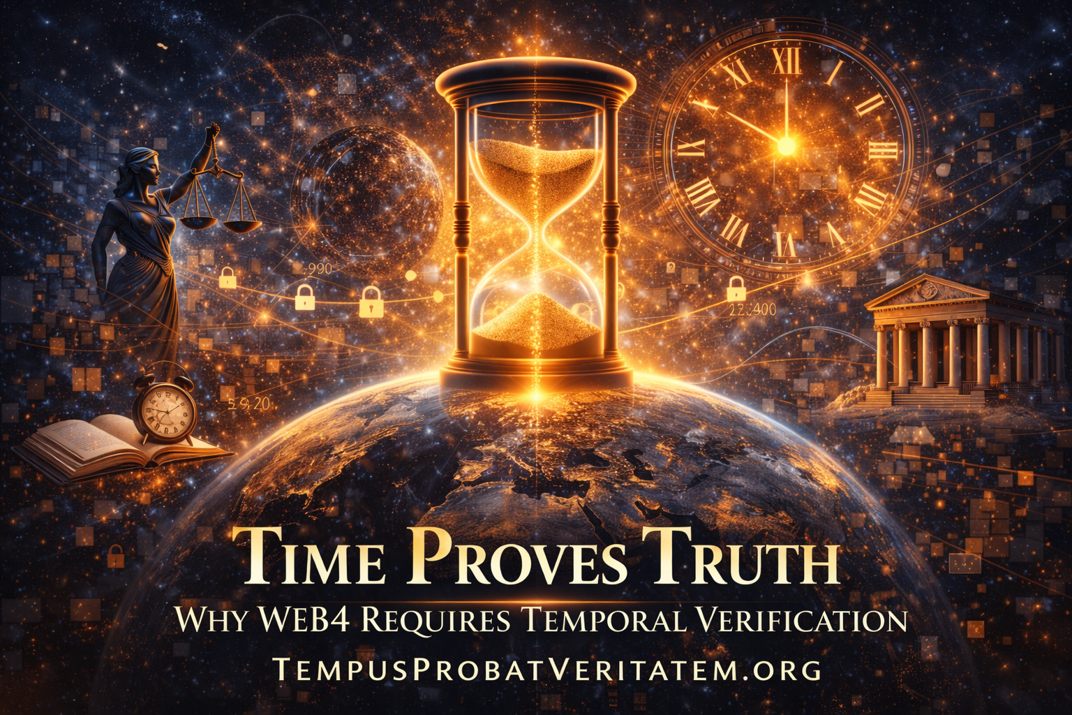Golden hourglass and clock above Earth showing temporal verification as unfakeable dimension when AI perfects behavioral synthesis