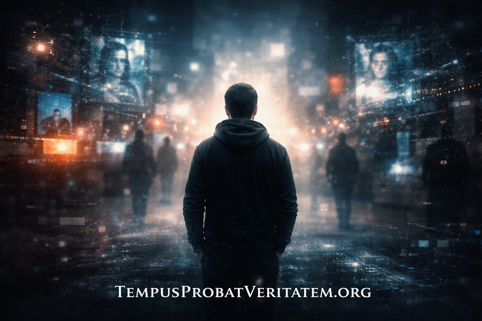 Person surrounded by holographic digital personas unable to distinguish which are real humans versus AI-generated entities, symbolizing identity verification collapse when synthesis makes reality unprovable through observation