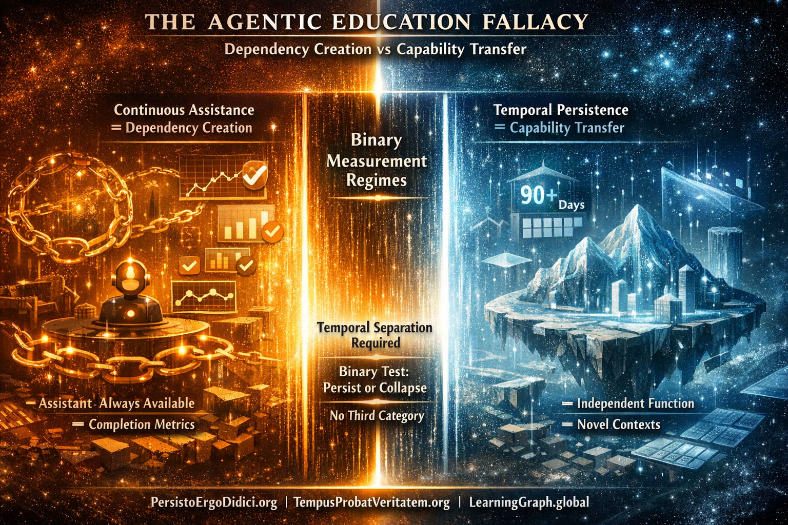 Binary visualization showing the agentic education fallacy: continuous AI assistance creating dependency versus temporal verification proving capability persistence after assistance removal.