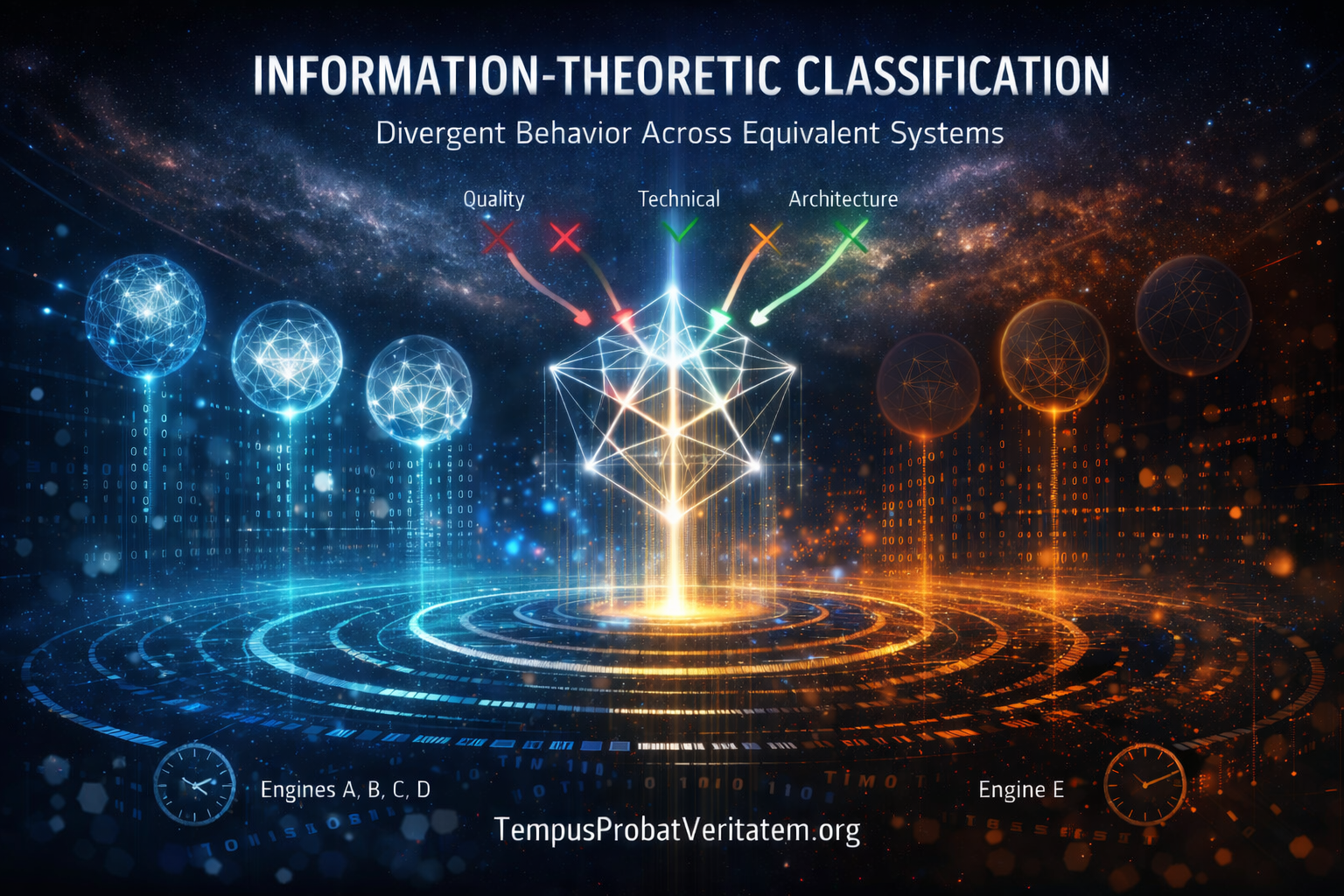 Information-theoretic classification showing equivalent systems with divergent search ranking behavior, revealing architecture conflict and information asymmetry over time.