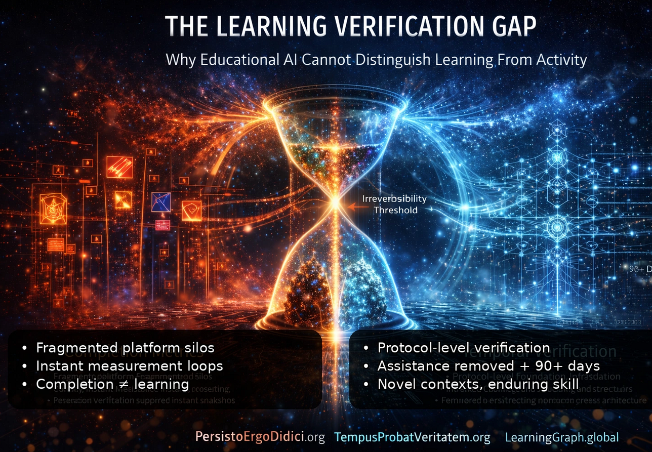 Visual comparison between completion metrics and temporal verification showing why educational AI cannot distinguish learning from activity without time-based persistence testing