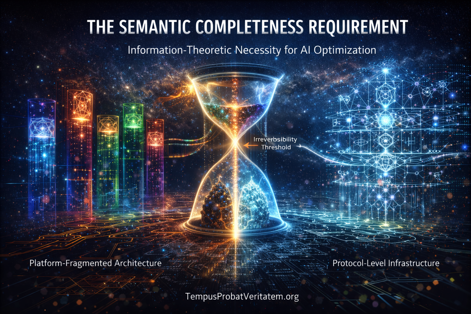Landscape visualization showing information-theoretic necessity of semantic completeness for AI optimization: left side displays five isolated platform towers in different colors (blue, orange, green, red, purple) with fragmented data streams representing platform-fragmented architecture; center shows large golden hourglass labeled "Irreversibility Threshold" with data flowing from top to bottom crystallizing into foundation models, demonstrating training window closing Q2 2026 and path dependency; right side shows unified protocol-level infrastructure as transparent crystalline framework with complete data flows and multiple integrated layers (identity, semantic, temporal, cascade, attention); bottom contrasts fractured grid pattern (left) versus complete geometric tessellation (right) illustrating categorical difference between incomplete and complete semantic infrastructure